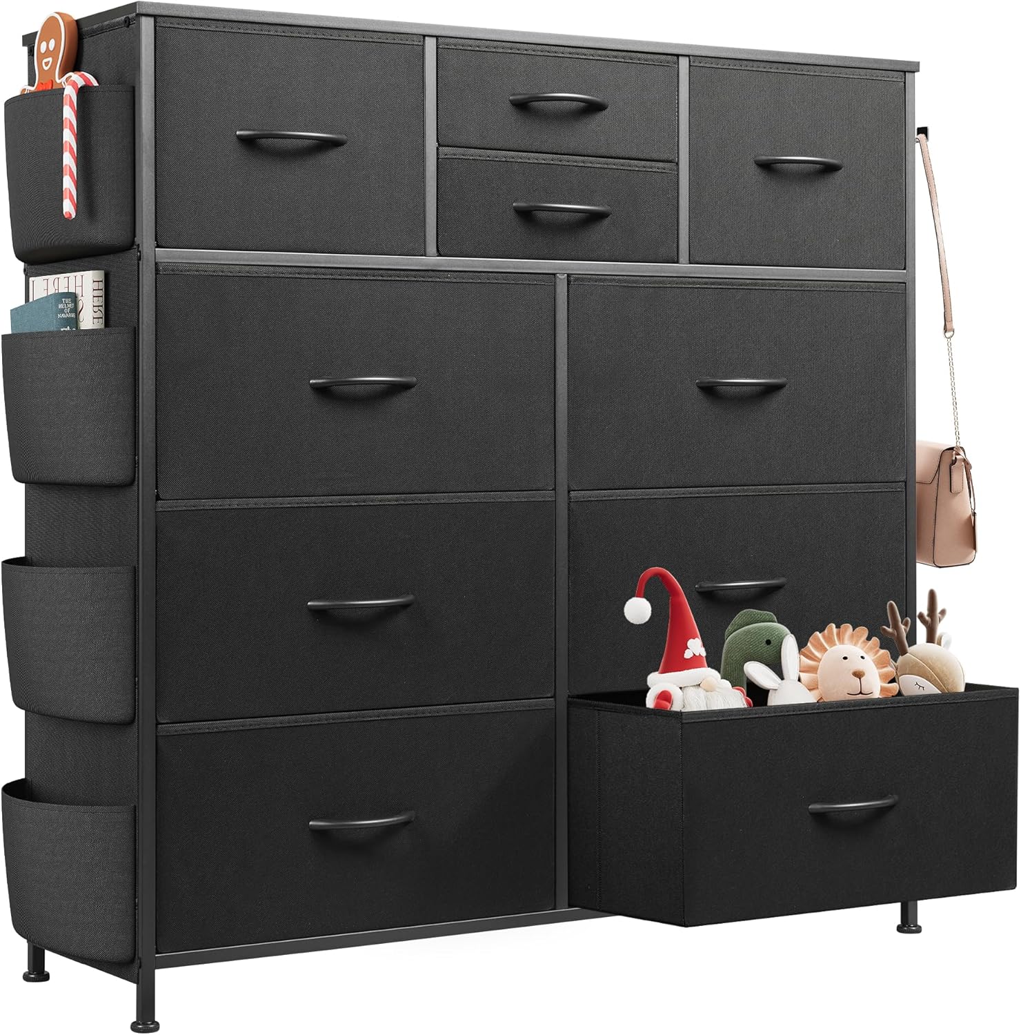 WLIVE 10-Drawer Fabric Dresser with Side Pockets and Hooks