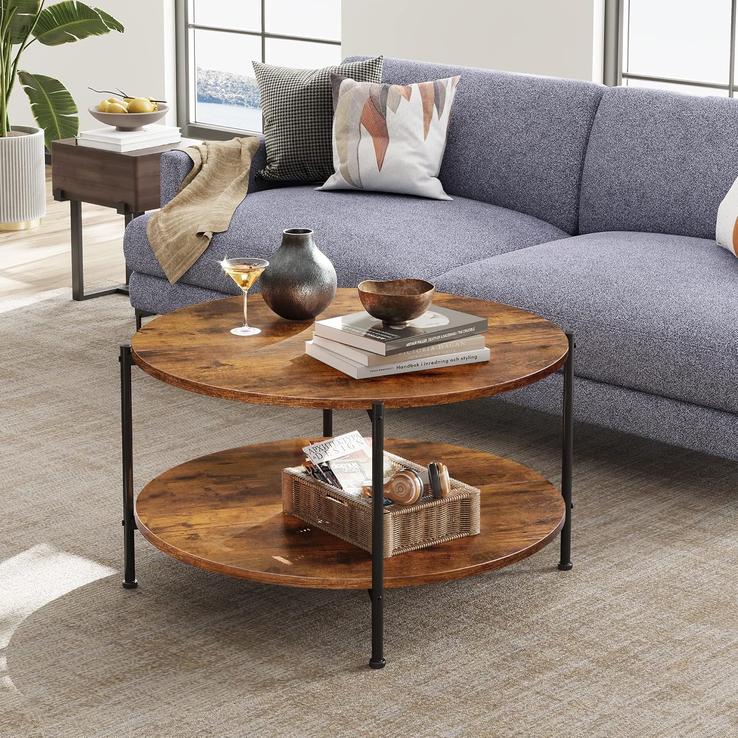 WLIVE Round Industrial Wood Coffee Table with Open Storage