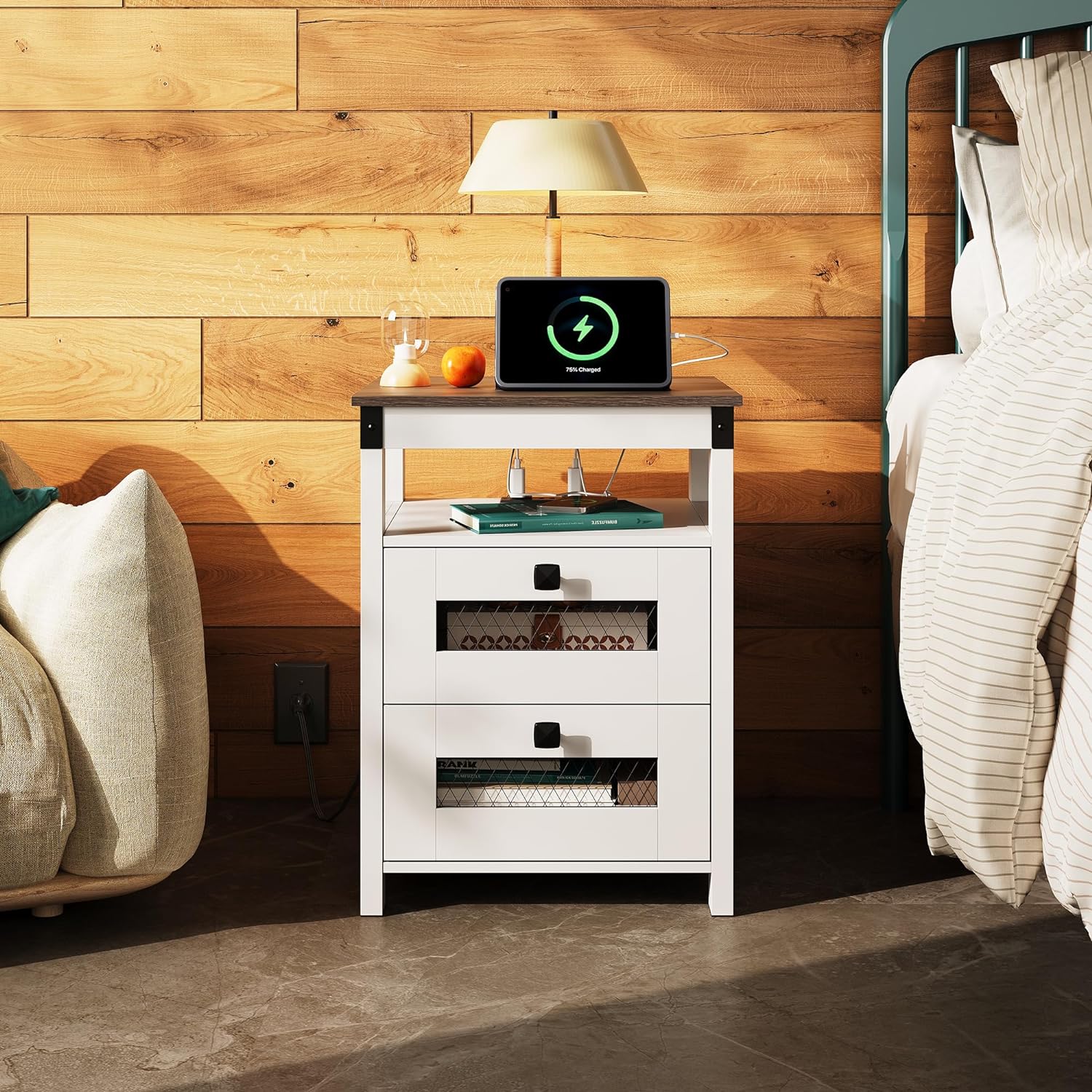 WLIVE Farmhouse 2 Drawer Wood Nightstand with Charging Station