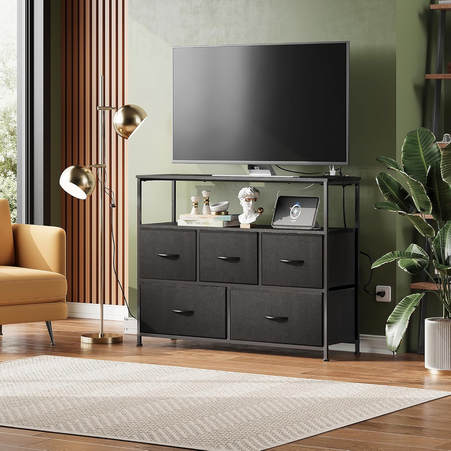 WLIVE Minimalist 5-Drawer Fabric Dresser TV Stand with Open Shelves