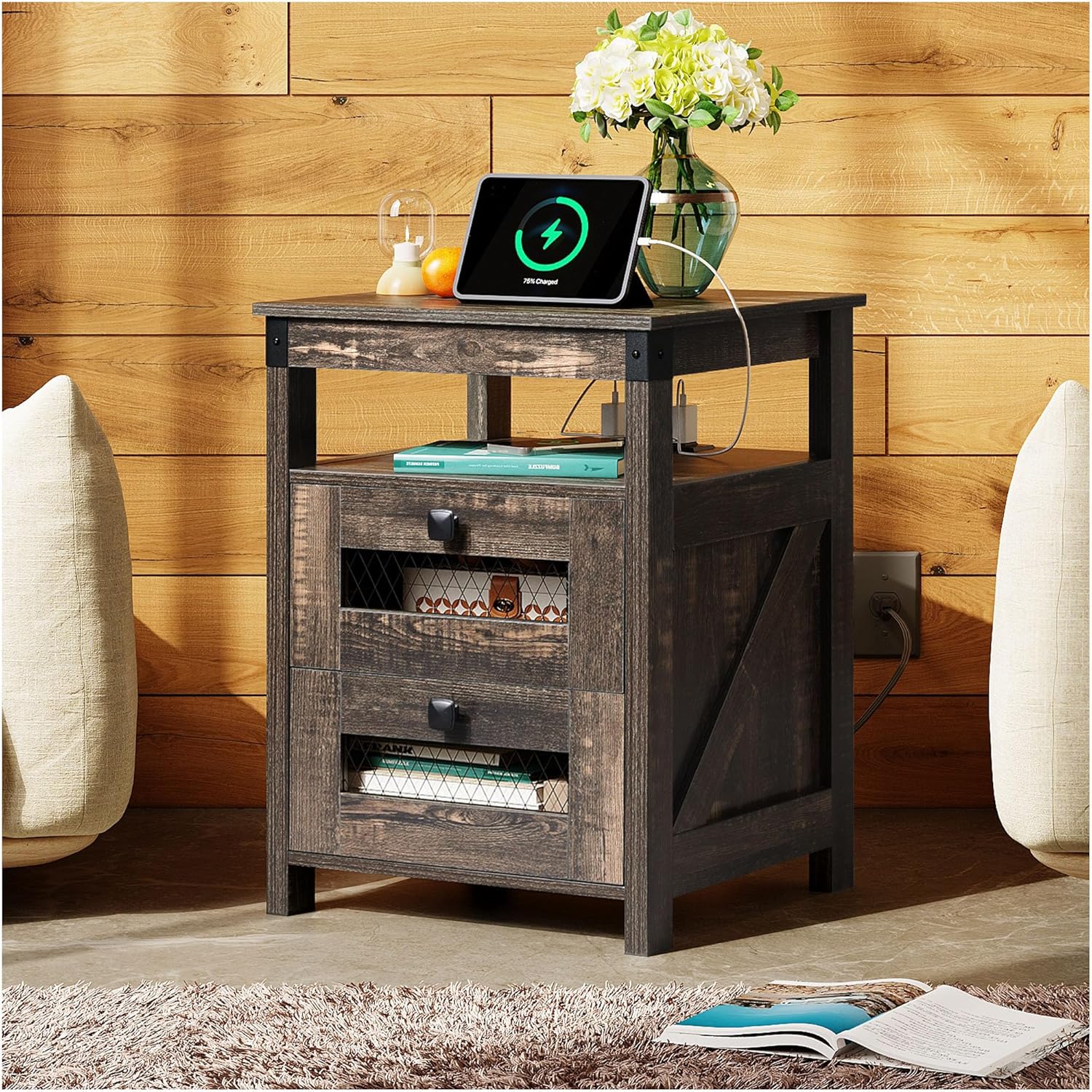 WLIVE Farmhouse 2 Drawer Wood Nightstand with Charging Station