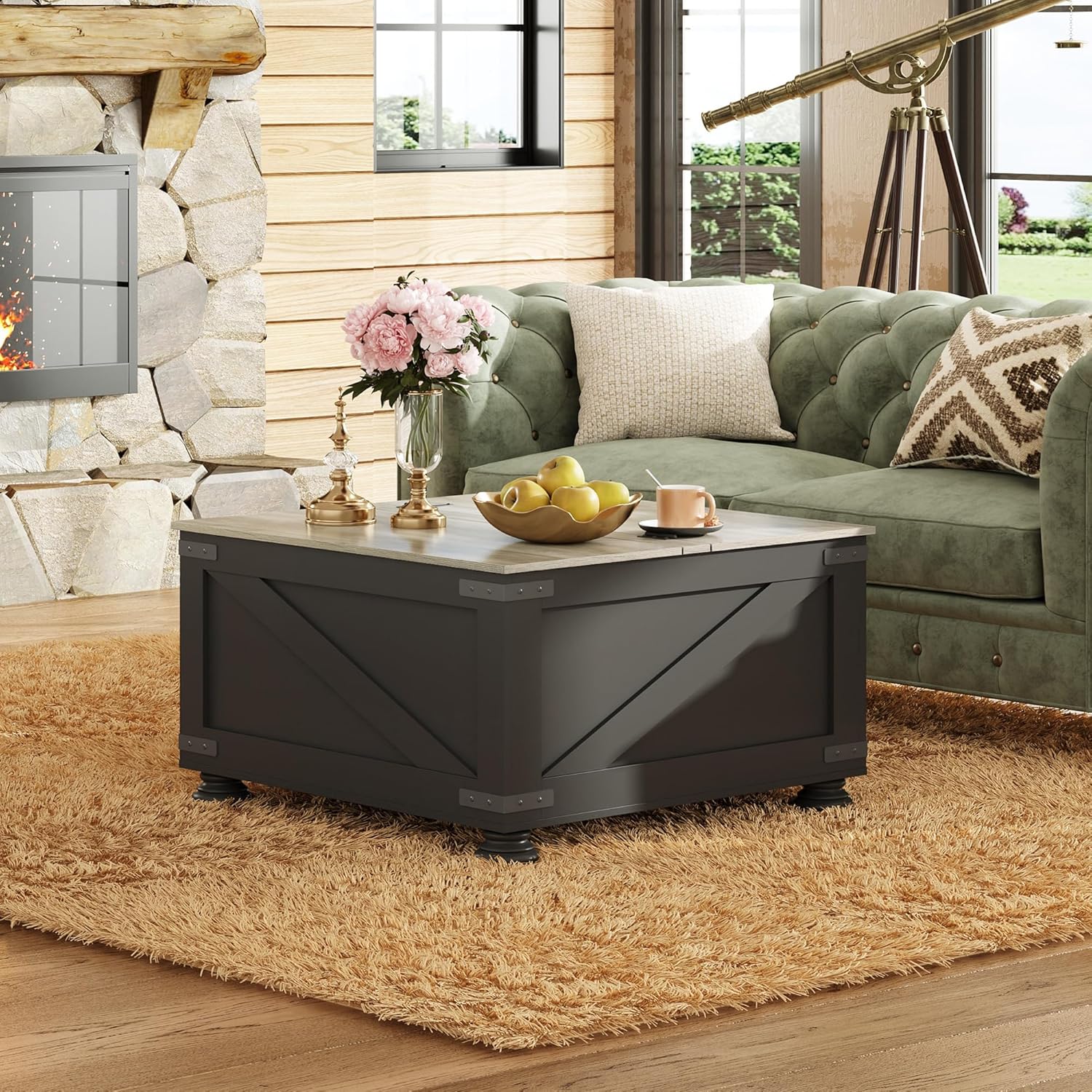 WLIVE Square Wood Farmhouse Lift Top Coffee Table with Storage