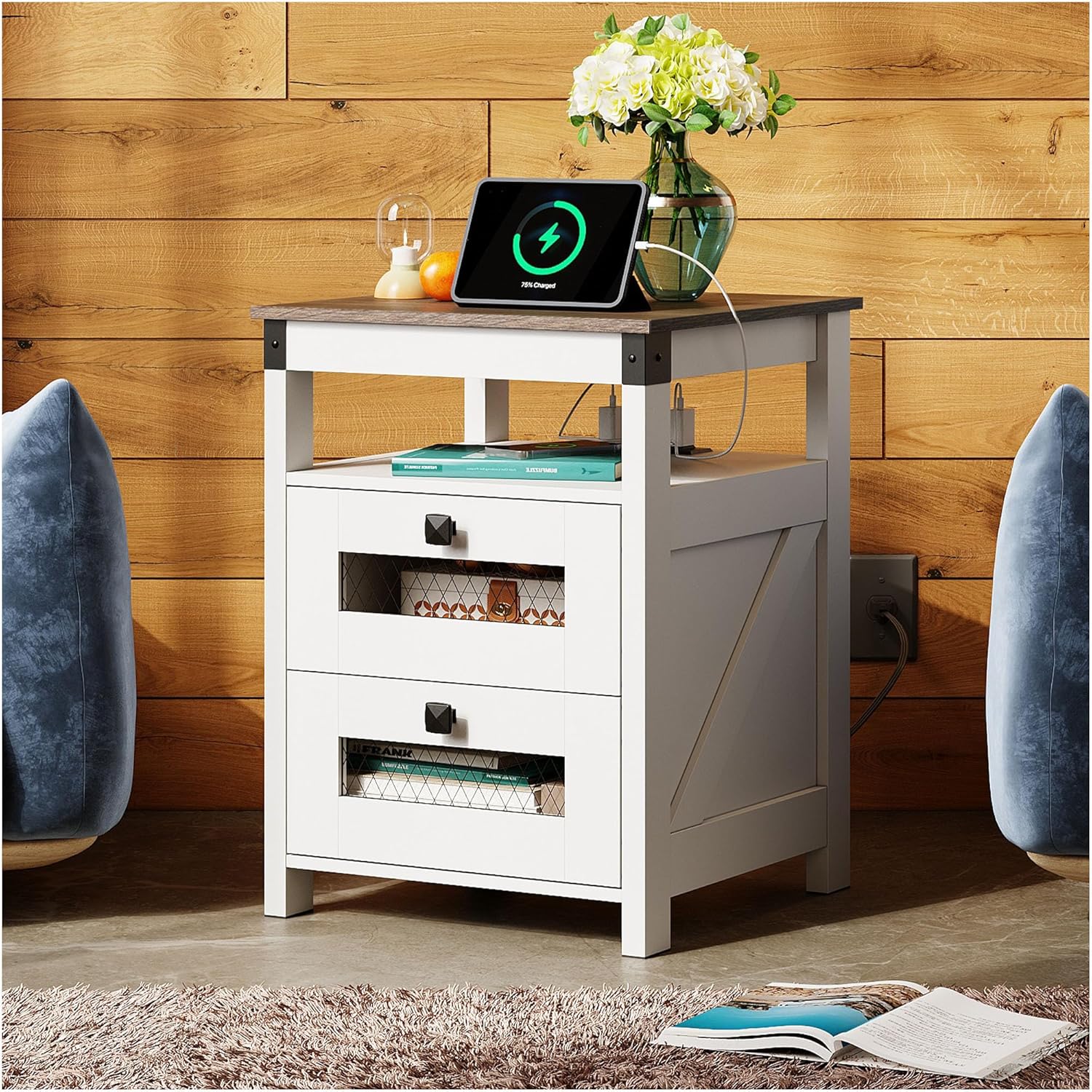 WLIVE Farmhouse 2 Drawer Wood Nightstand with Charging Station