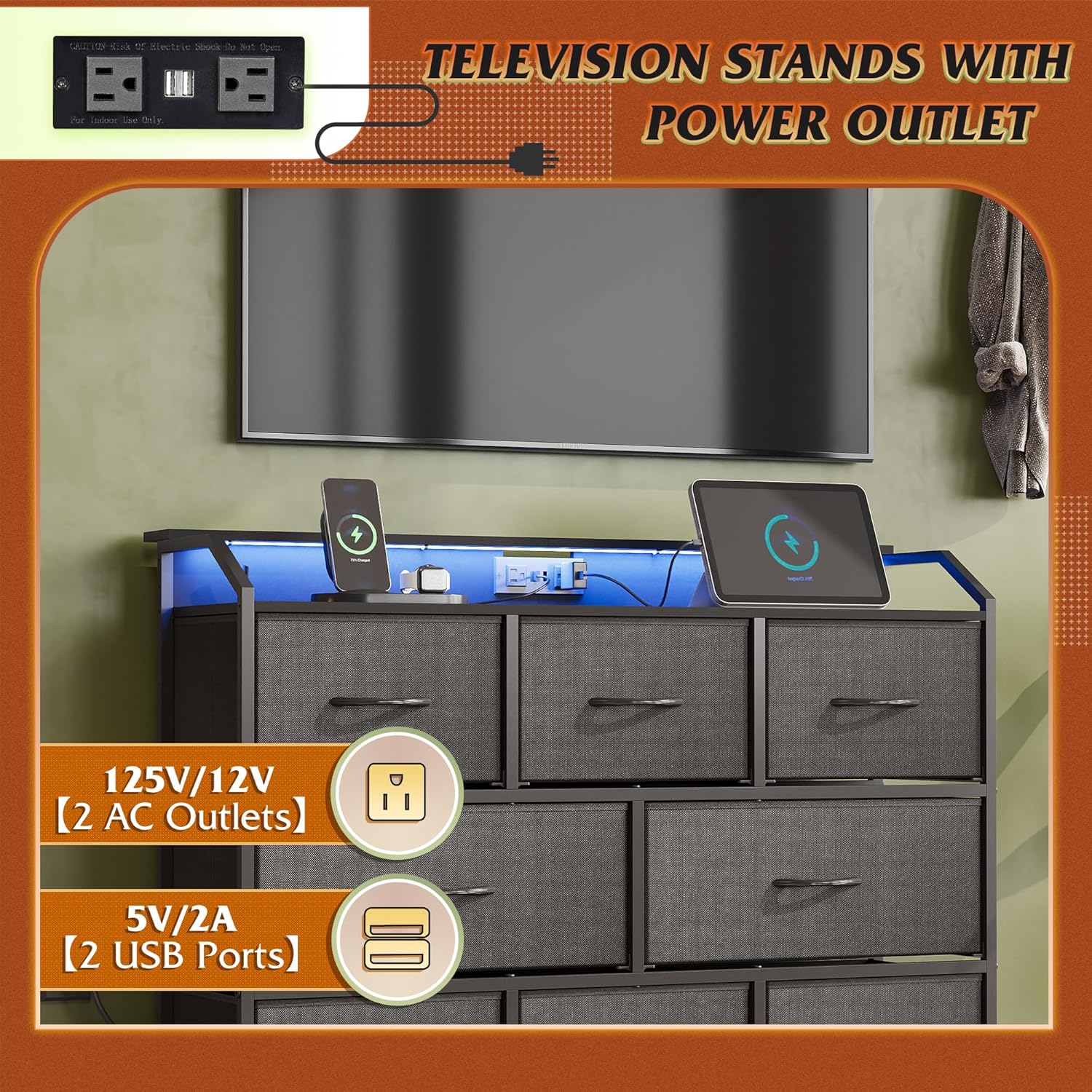 WLIVE Minimalist 8-Drawer LED Large Storage Fabric Dresser TV Stand