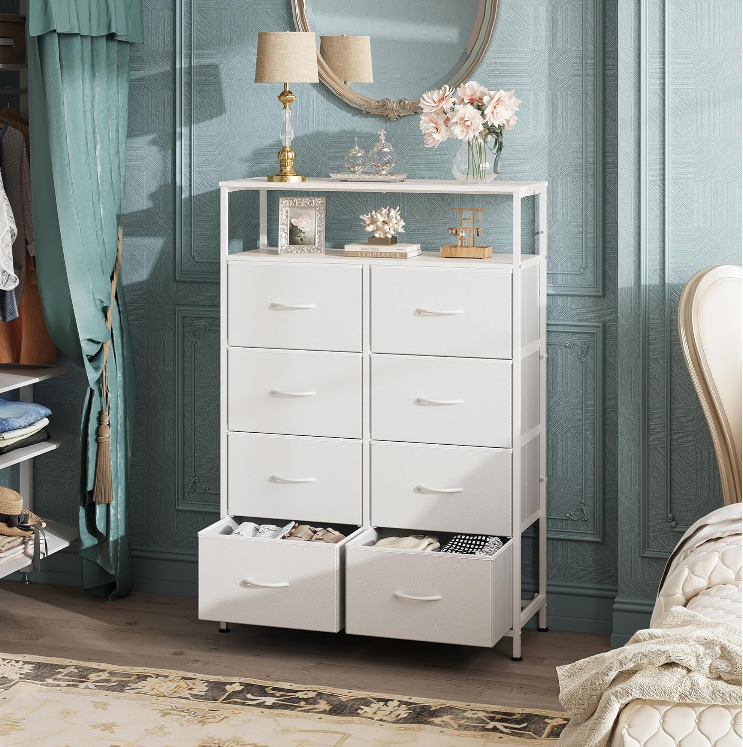 WLIVE Tall 8-Drawer Fabric Storage Dresser with Open Shelves