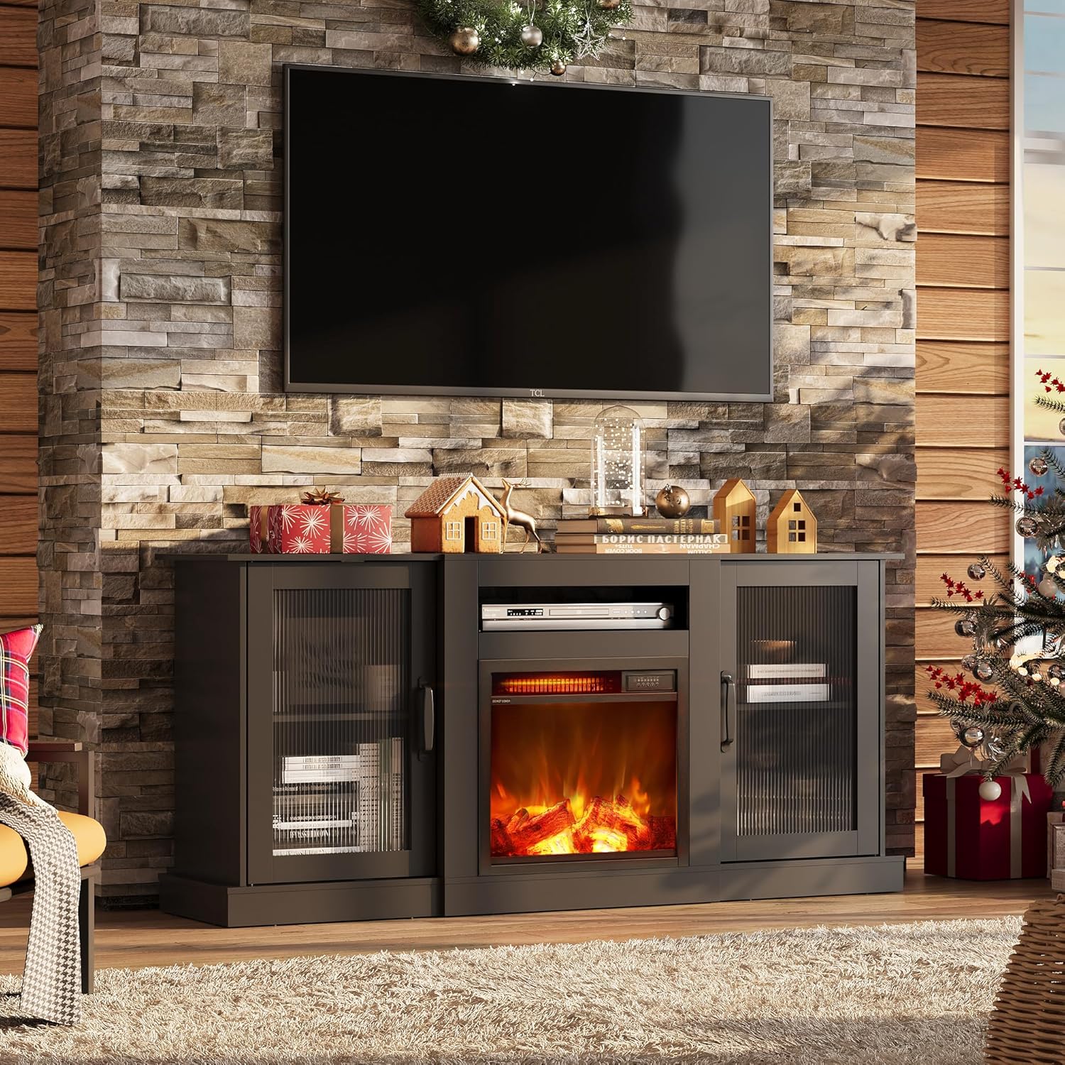 WLIVE Farmhouse TV Console with 18 Inch Electric Fireplace