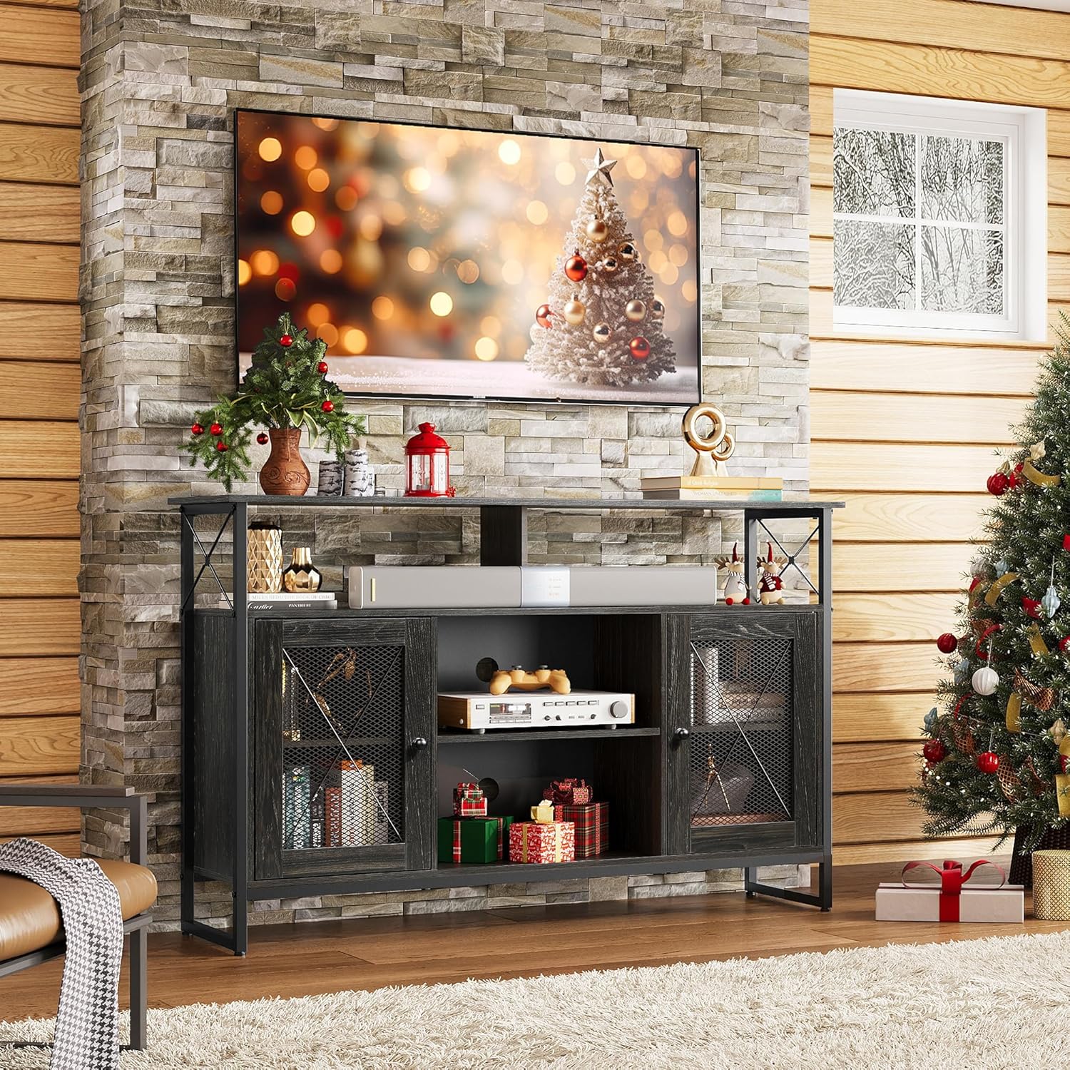 WLIVE Tall Farmhouse Industrial TV Stand Cabinet for 55 inch TV