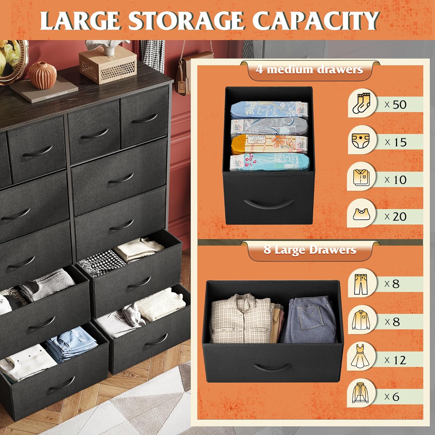 WLIVE Minimalist Tall 12-Drawer Storage Fabric Dresser