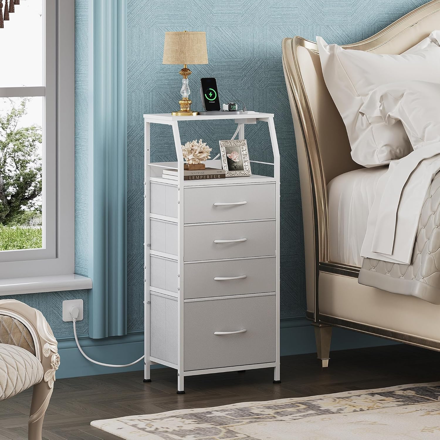 WLIVE Fabric 4-Drawer LED Nightstand with Charging Station