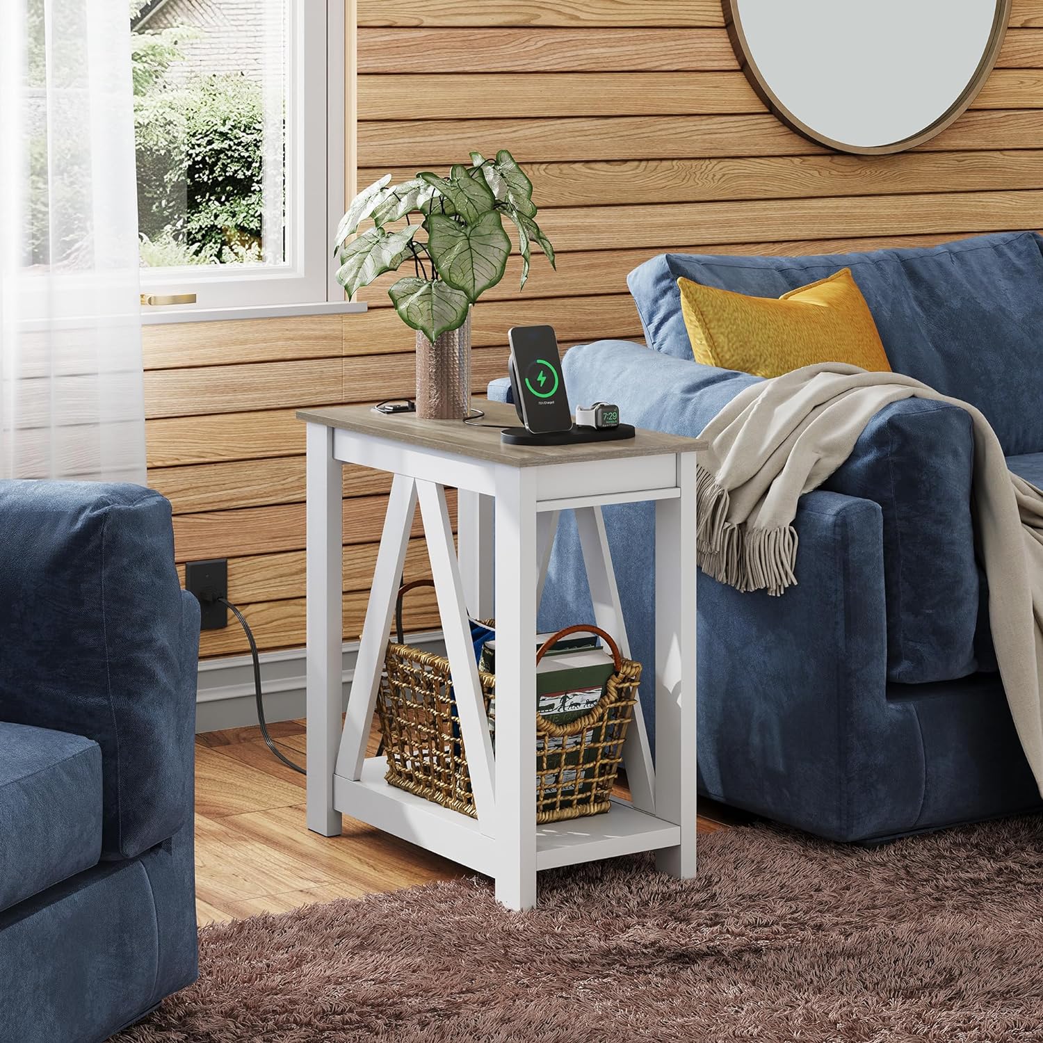 WLIVE Farmhouse Narrow 2-Tier Side Table with Charging Station