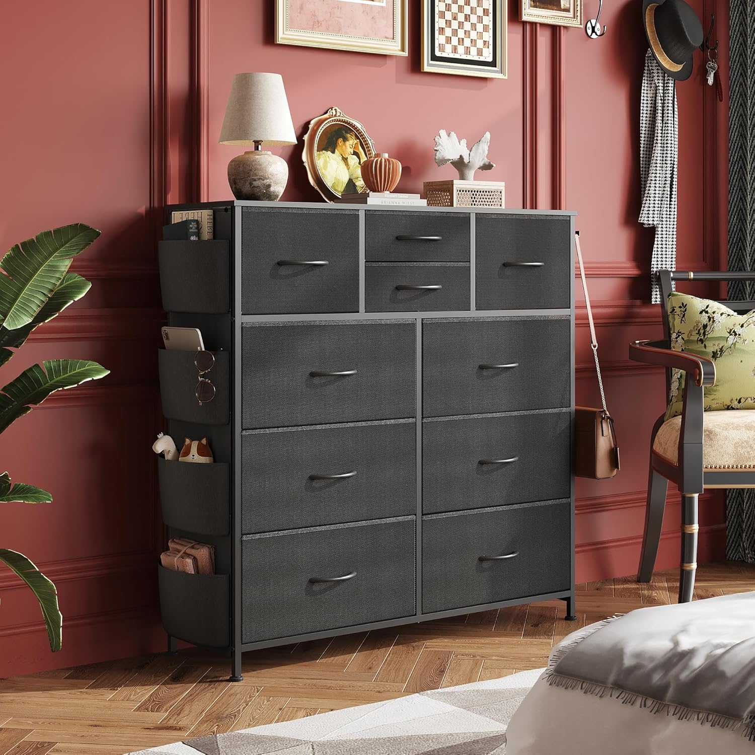 Dark Grey 10 Drawer Fabric Dresser with Side Pockets BRAND NEW top by WLIVE