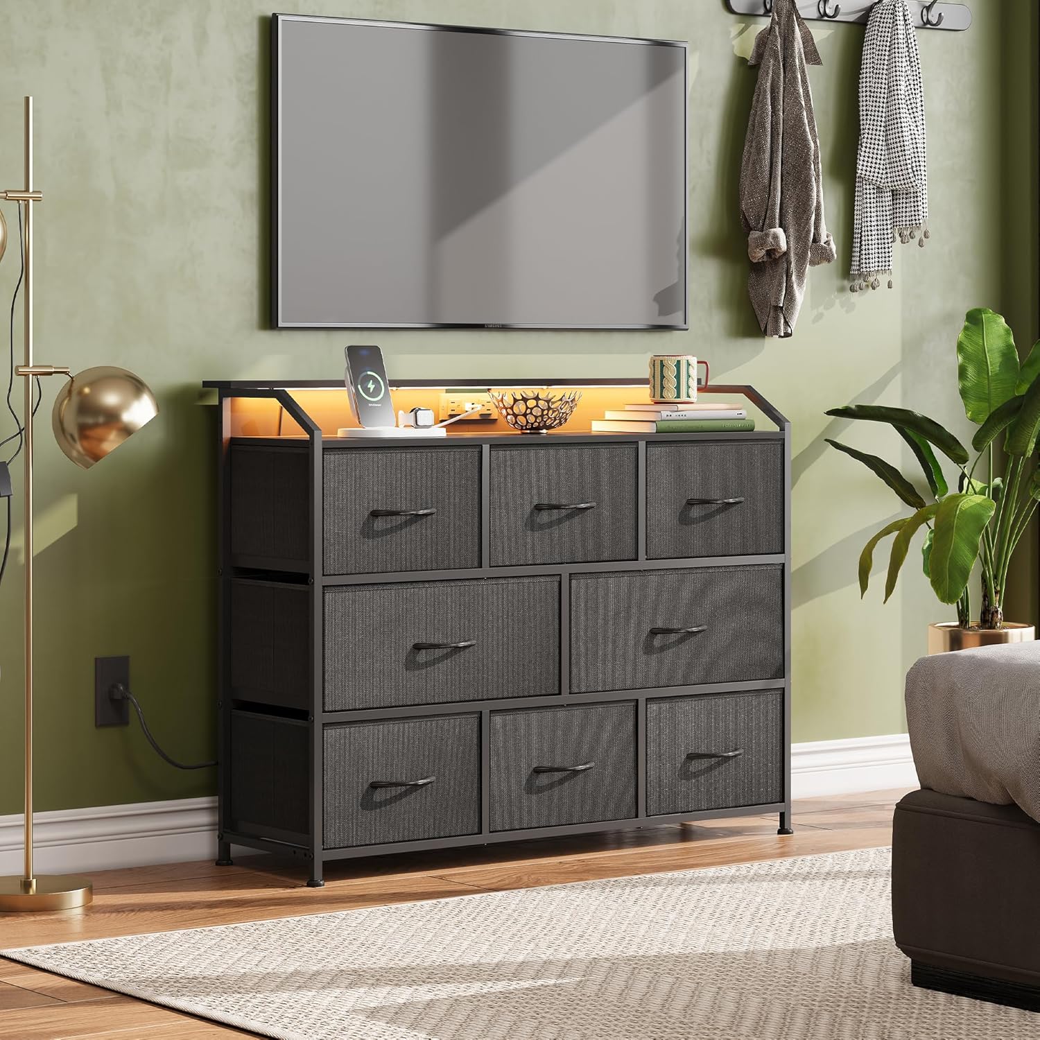 WLIVE Minimalist 8-Drawer LED Large Storage Fabric Dresser TV Stand