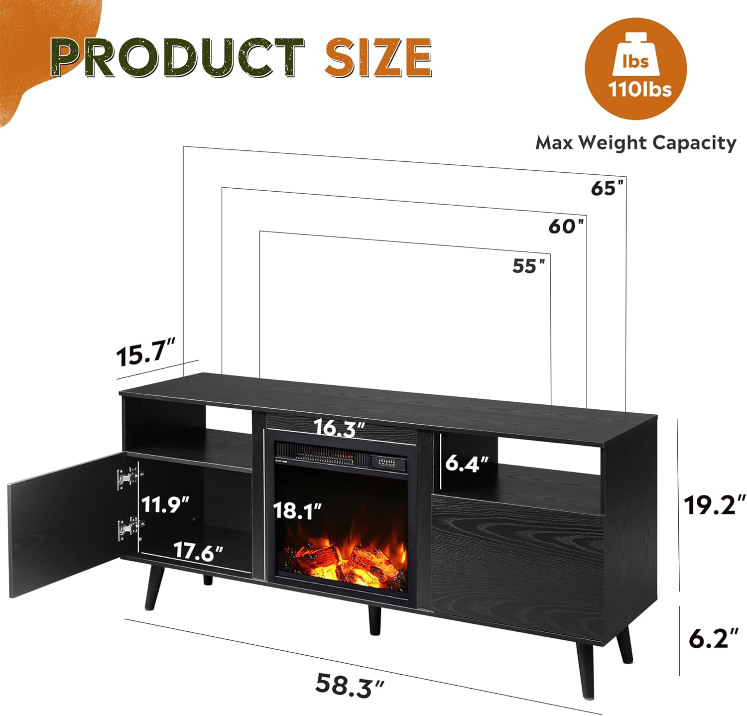 WLIVE Mid Century Modern Fireplace TV Stand for 65 Inch TV