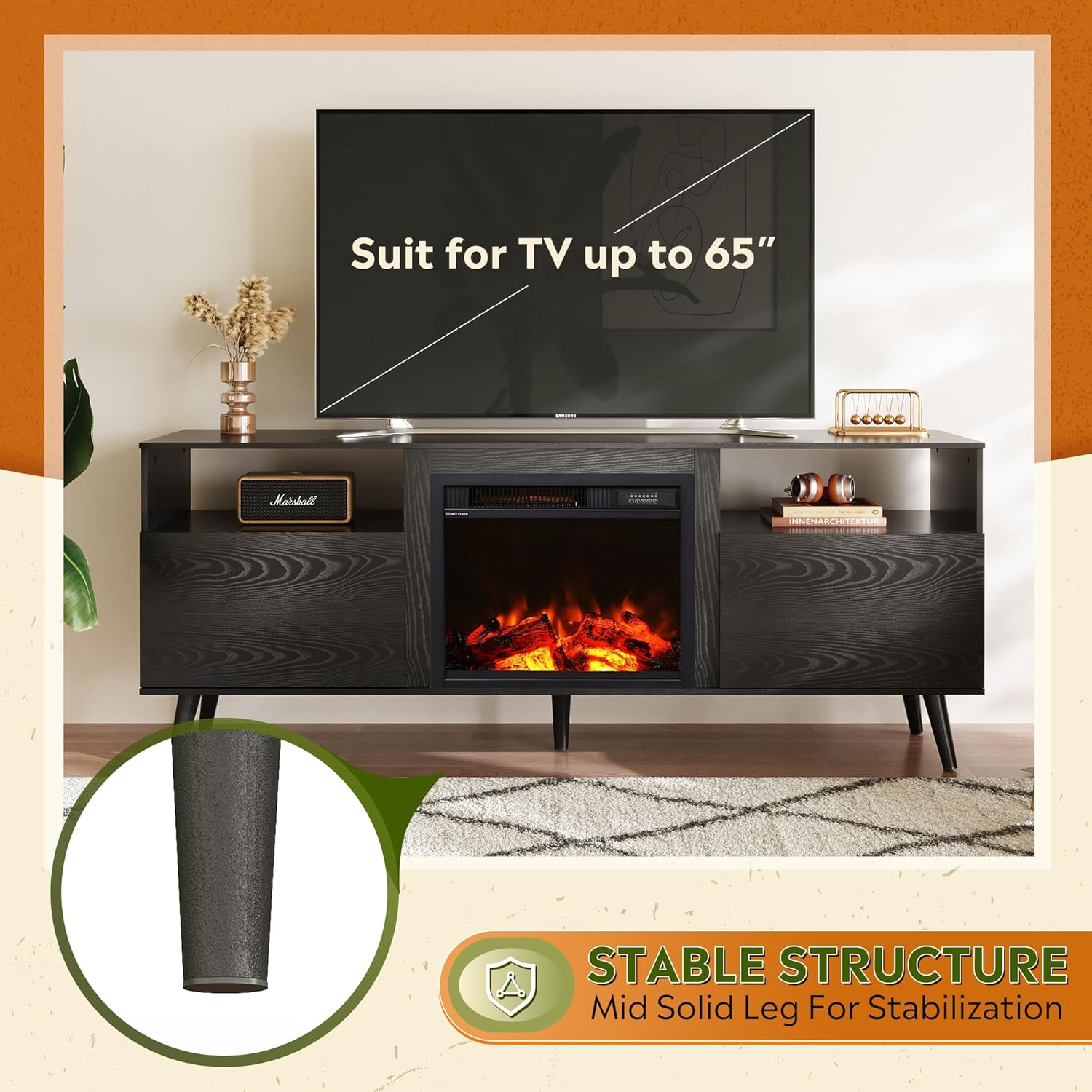 WLIVE Mid Century Modern Fireplace TV Stand for 65 Inch TV