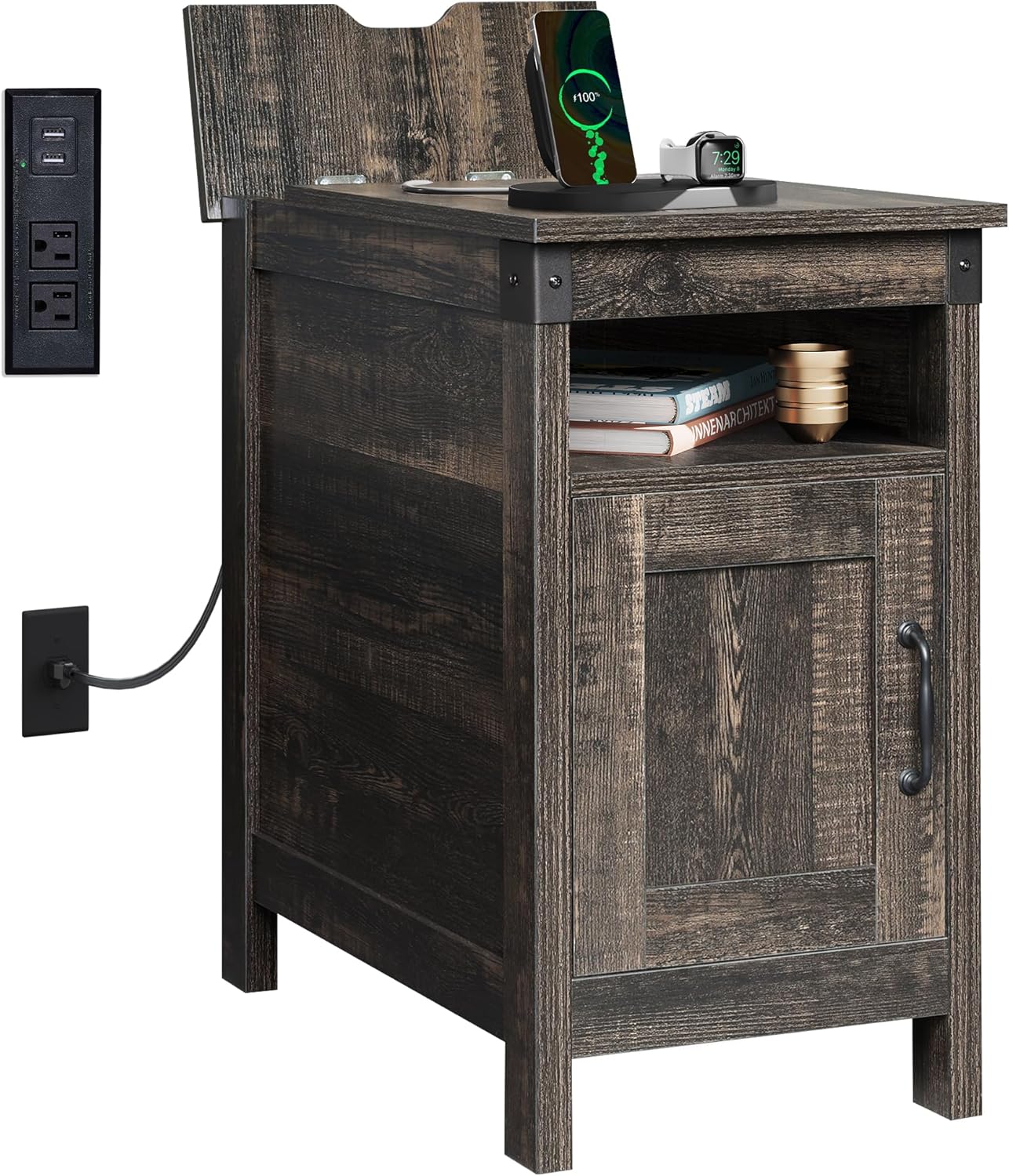 WLIVE Narrow Vintage Charging Side Table with Cabinet