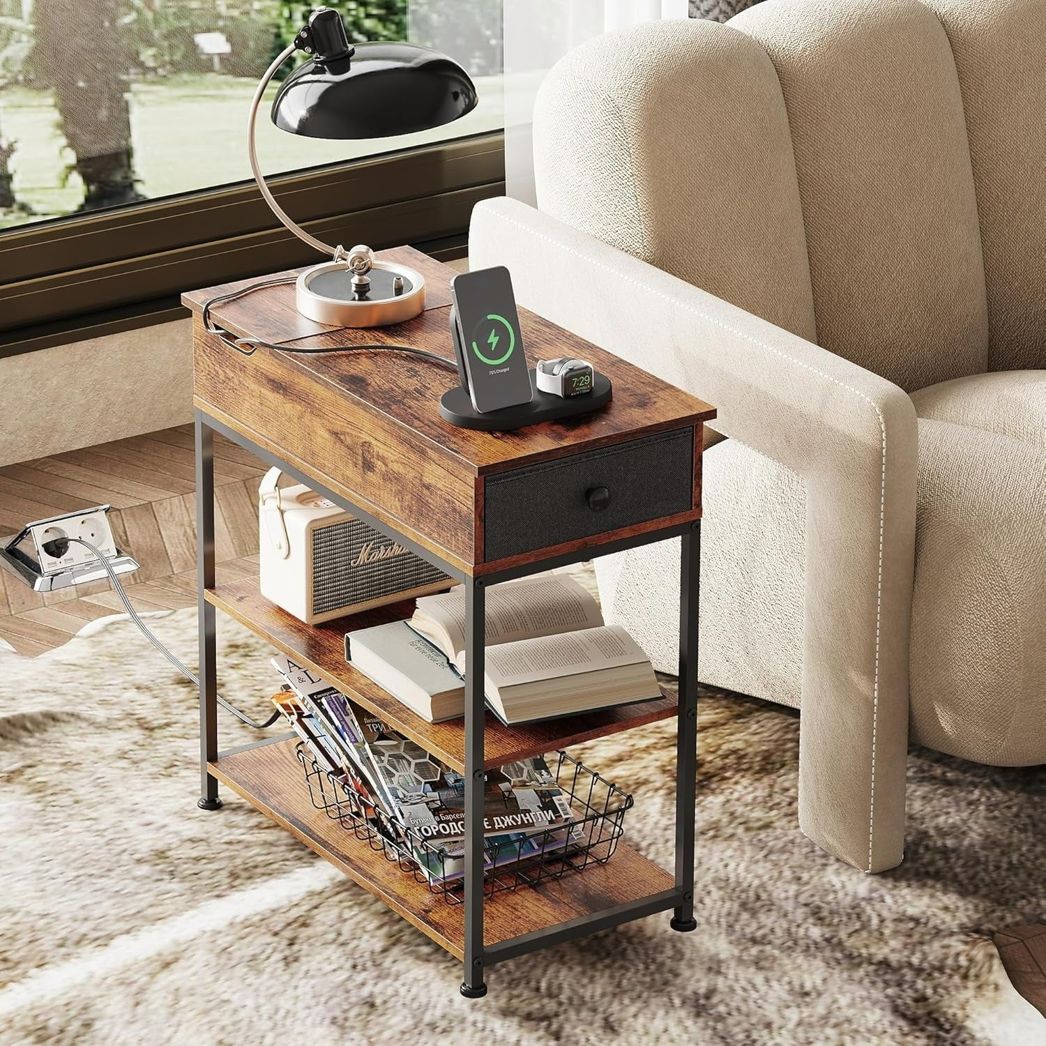 WLIVE Small Wood Storage Side Table with Charging Station