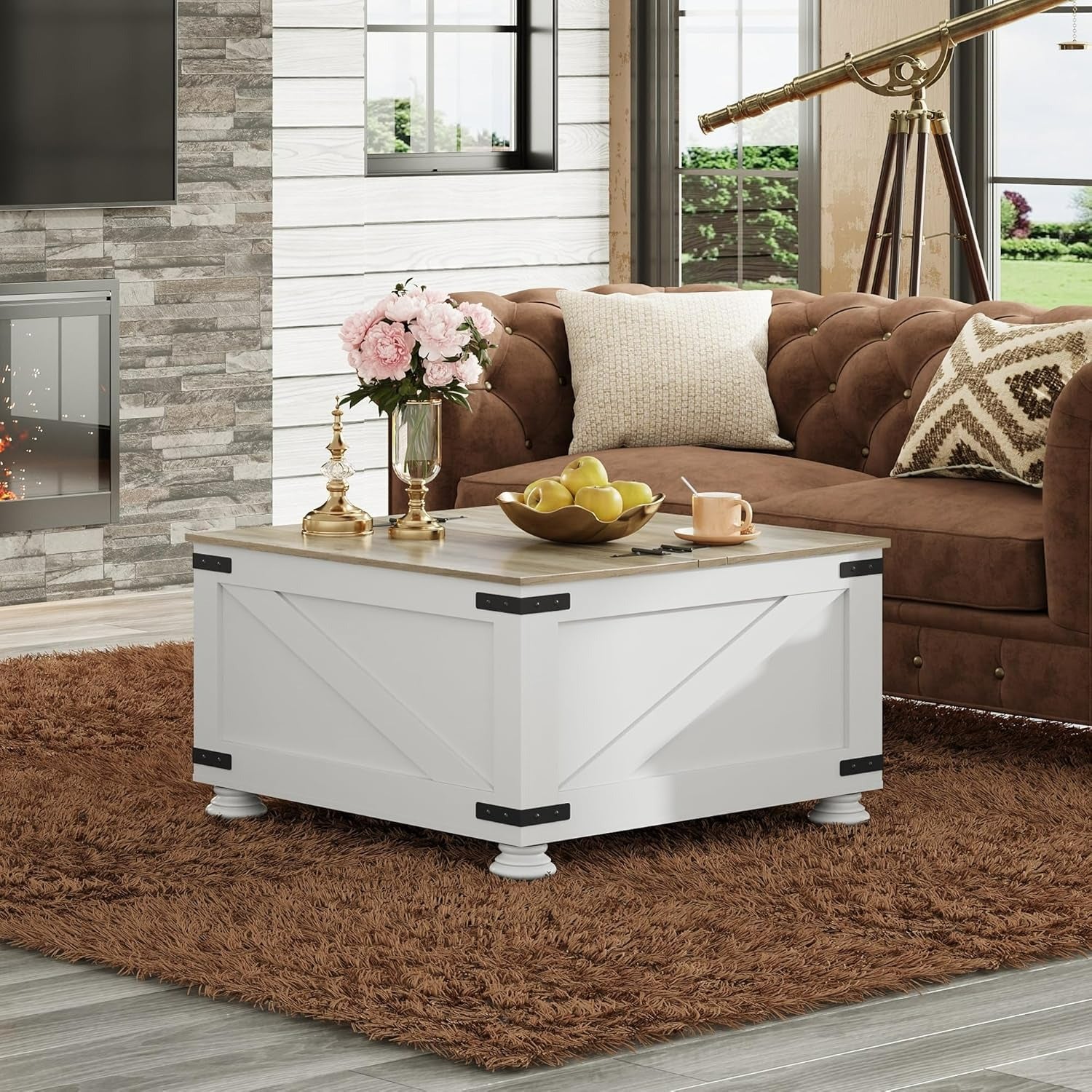 WLIVE Square Wood Farmhouse Coffee Table with Flip Top